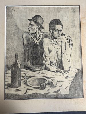 dessin représentant un homme et une femme assis à une table avec une bouteille de vin