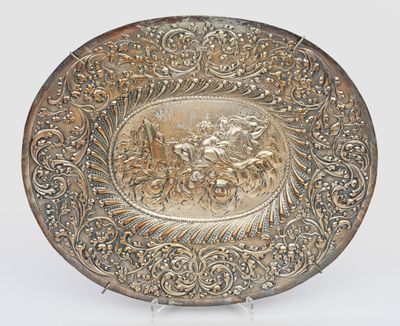 Große Barock-Schauplatte Kupfer, versilbert. Ovale. Leicht v…