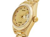 rolex lady ' s 18k yellow gold watch with ruby and diamond bezel