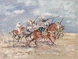 tableau représentant un groupe d'hommes à cheval