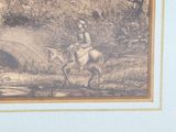 a drawing of a man riding a horse by a bridge