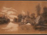 tableau représentant un hangar à bateaux au bord d'une rivière, avec des arbres et des nuages en arrière-plan