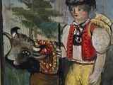 a painting of a boy and a cow in a field