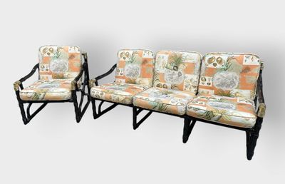 pair of mid - century style chairs with upholstered cushions