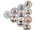 a lot of plates with different pictures of people on them