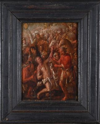 une peinture représentant une peinture d'un groupe d'hommes à cheval