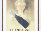 an old poster of a woman holding a bottle of champagne and a knife
