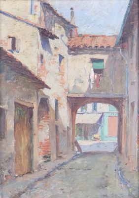 tableau représentant une rue d'une petite ville avec une voiture garée sur le bord de la route