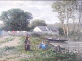 un tableau représentant une femme et un enfant au bord de l'eau