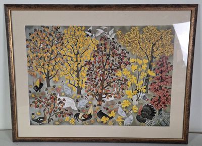 framed picture of a painting of a forest scene with birds and flowers