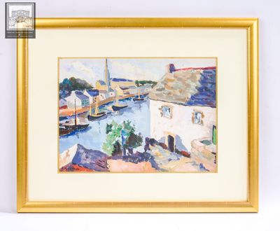 tableau encadré représentant une vue d'un port avec des bateaux et des bâtiments