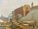 a painting of a street scene with a car and a truck