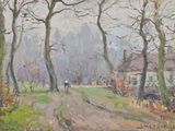 a painting of a horse and carriage on a country road