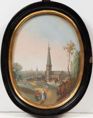 tableau représentant une scène de village avec une église en arrière-plan
