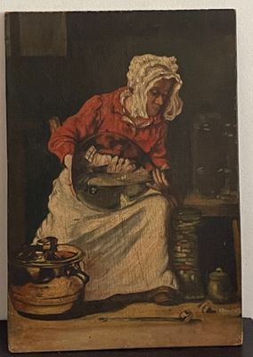 un tableau représentant une vieille femme assise sur une table