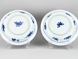 pair of blue and white plates with flowers and leaves on them