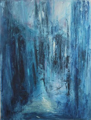 an oil painting of a blue waterfall in the middle of a lake