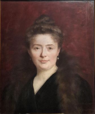 a painting of a woman in a black dress and fur coat