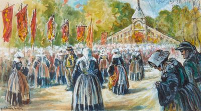 une peinture à l'huile représentant une foule de personnes debout devant un bâtiment