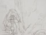 drawing of a man sitting on a bench in a park next to a tree
