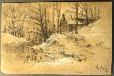 dessin représentant une maison dans un paysage enneigé, avec des arbres en arrière-plan