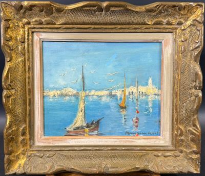 une peinture à l'huile représentant un voilier sur l'eau, avec une ville en arrière-plan