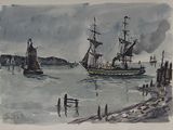 a painting of a ship in the water near a dock