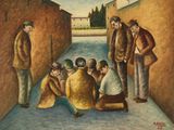 une image représentant un tableau où l'on voit un groupe d'hommes assis par terre