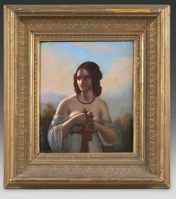 an oil painting of a woman holding a cross in her hands