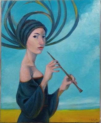 an oil painting of a woman playing a flute on a sunny day