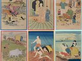 plusieurs tableaux représentant des personnes et des animaux à bord d'un bateau sur un plan d'eau