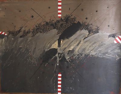 une peinture représentant une vague en noir et blanc avec des rayures rouges et blanches