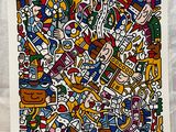 une peinture représentant un ensemble d'objets de différentes couleurs sur une surface blanche