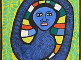 un tableau représentant une femme au visage bleu sur fond jaune