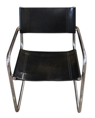a black leather chair with chrome legs and a black leather seat