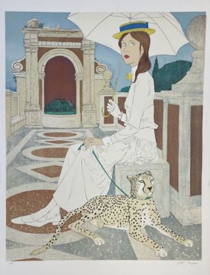 un tableau représentant une femme assise sur un banc avec un guépard et un parapluie