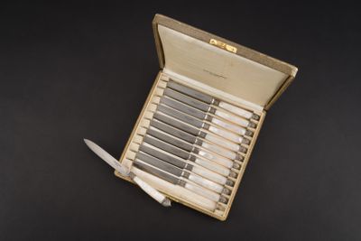 une boîte contenant un ensemble de couteaux, posée sur une table