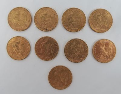 six different types of gold coins on a white surface