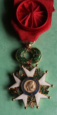 an image of a medal with a red ribbon on a green surface