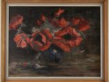 a painting of red flowers in a vase on a table