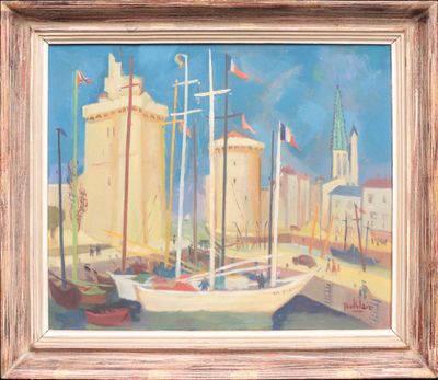 a painting of a boat in a harbor with a castle in the background