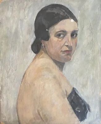 tableau représentant une femme en robe noire sur fond blanc