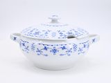 blue and white porcelain bowl with lid and handles