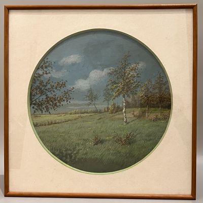 tableau encadré représentant un paysage avec des arbres et de l'herbe