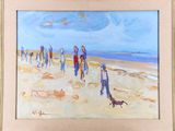 painting of a group of people walking on a beach with a dog