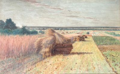 a painting of a field with a bunch of hay on it