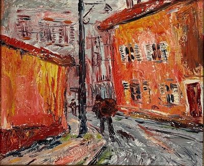 une peinture à l'huile représentant une personne marchant dans la rue avec un parapluie
