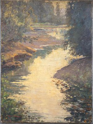 une peinture à l'huile représentant une rivière traversant une forêt