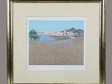 framed picture of a painting of a beach scene with a house in the distance