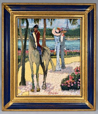 tableau représentant une femme à cheval aux côtés d'un homme coiffé d'un chapeau